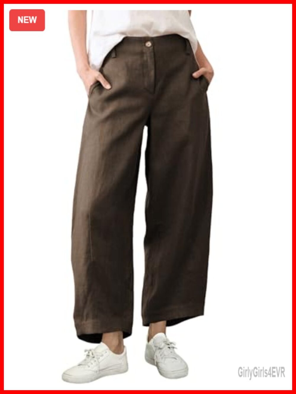 Cotton Linen Barrel Pants Wide Leg High Waist Trousers Ankle Cut